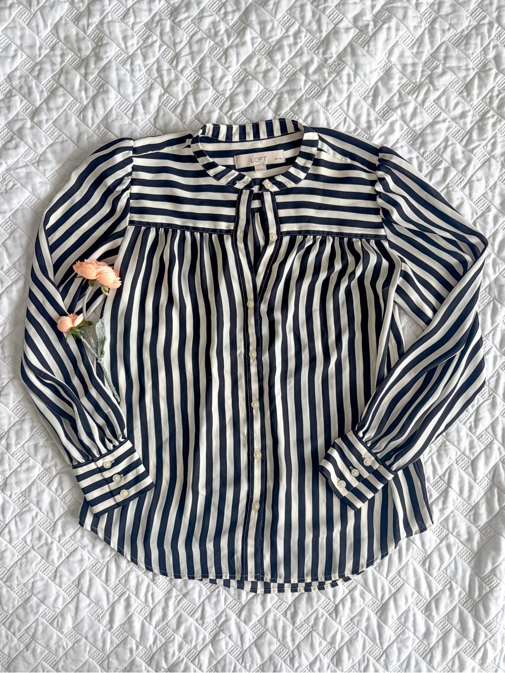 LOFT Petites Striped Button Front Blouse Black White Puff Sleeve XSP